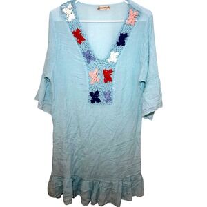 YOOMITO Womens Blue Crochet Butterfly V Neck Ruffle Hem Tunic Top Dress Sheet